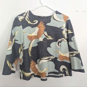 H&M Crane Bird Print Textured Zippered Top